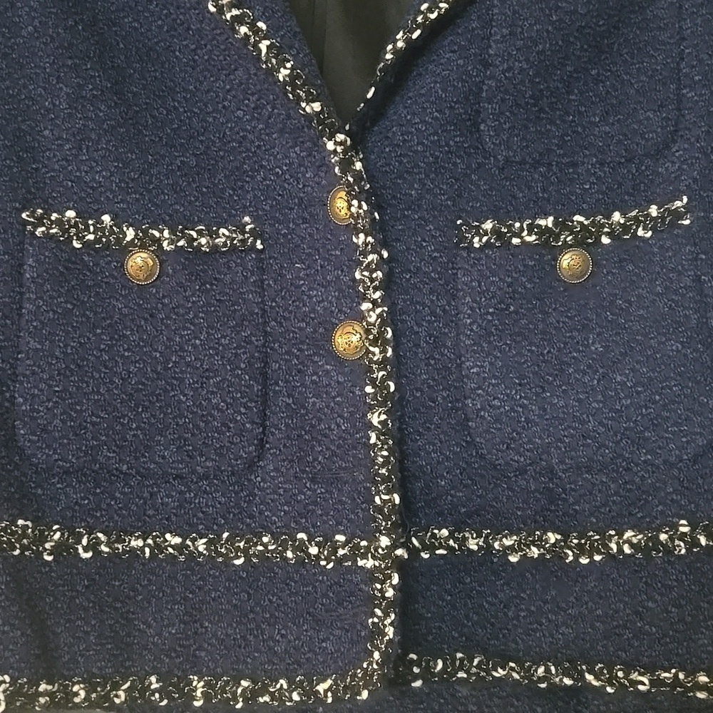 Zara Woman Navy Blue Tweed Boucle Blazer Lady Jacket Size Medium - Picture 5 of 13